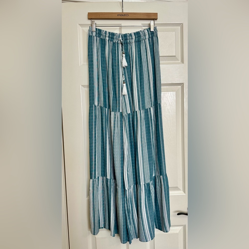 Angie Teal Striped Tiered Wide Leg Pants - Picture 2 of 11